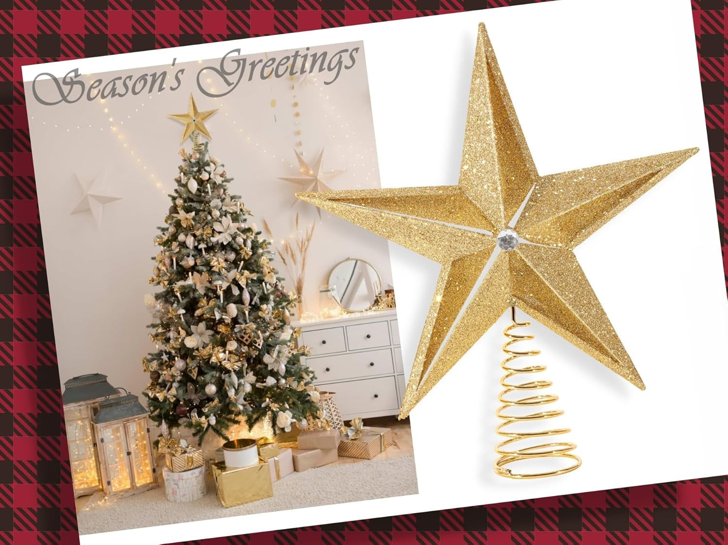 10 Inch Large Filigree Gold Glittered Christmas Star Tree Topper Star for Large Tree 6 Feet-8 Feet Tall/Home Decor Ornaments (Gold)