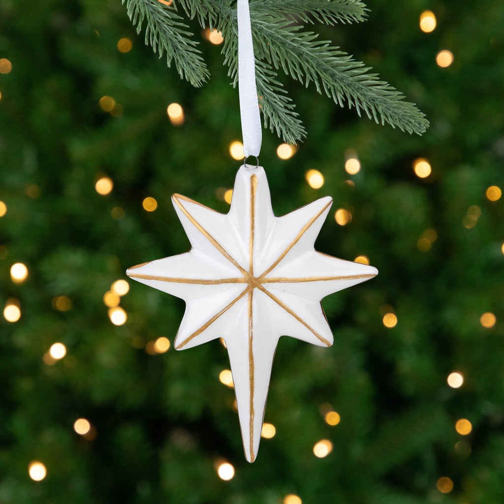 Star Hanging Christmas Ornament - 4" - White and Gold