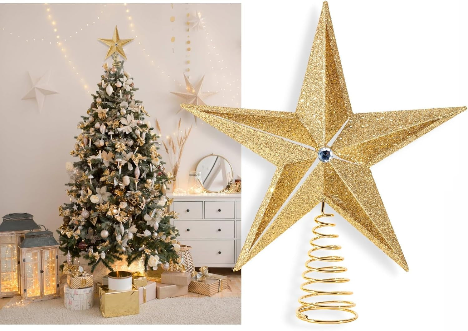 10 Inch Large Filigree Gold Glittered Christmas Star Tree Topper Star for Large Tree 6 Feet-8 Feet Tall/Home Decor Ornaments (Gold)